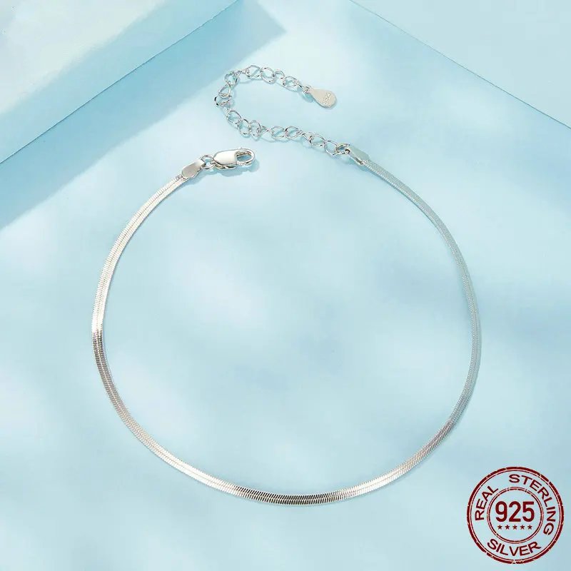 Pure 925 sterling silver snake chain anklet, adjustable.