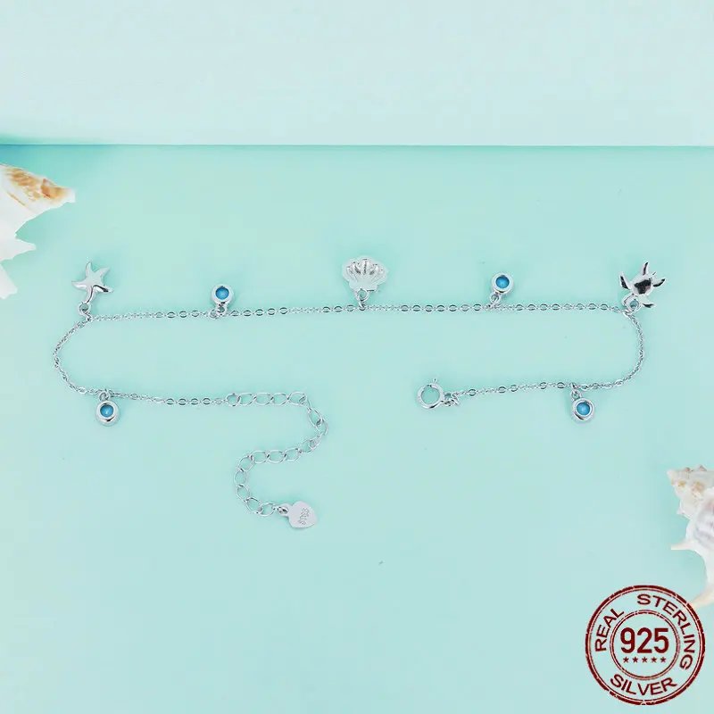 Pure 925 sterling silver ankle chain. starfish, platinum plated.