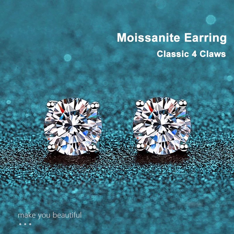 925 Sterling Silver Moissanite Stud Earrings, GRA Certificate.