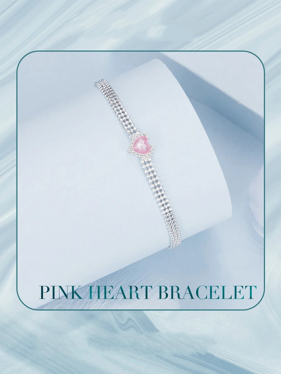 Iced Pink Heart Bracelet, Genuine 925 Sterling Silver.