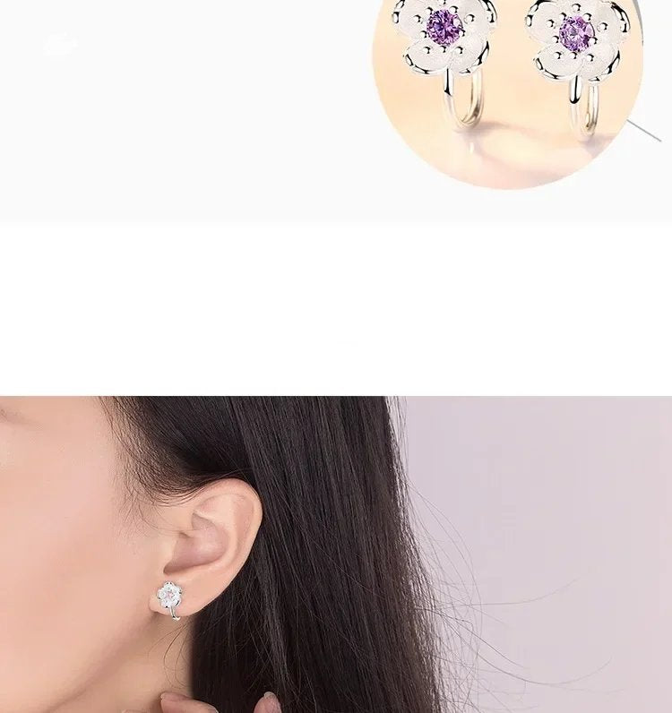 Korean style cherry blossom clip on earrings, pure 925 silver no hole ear clip.