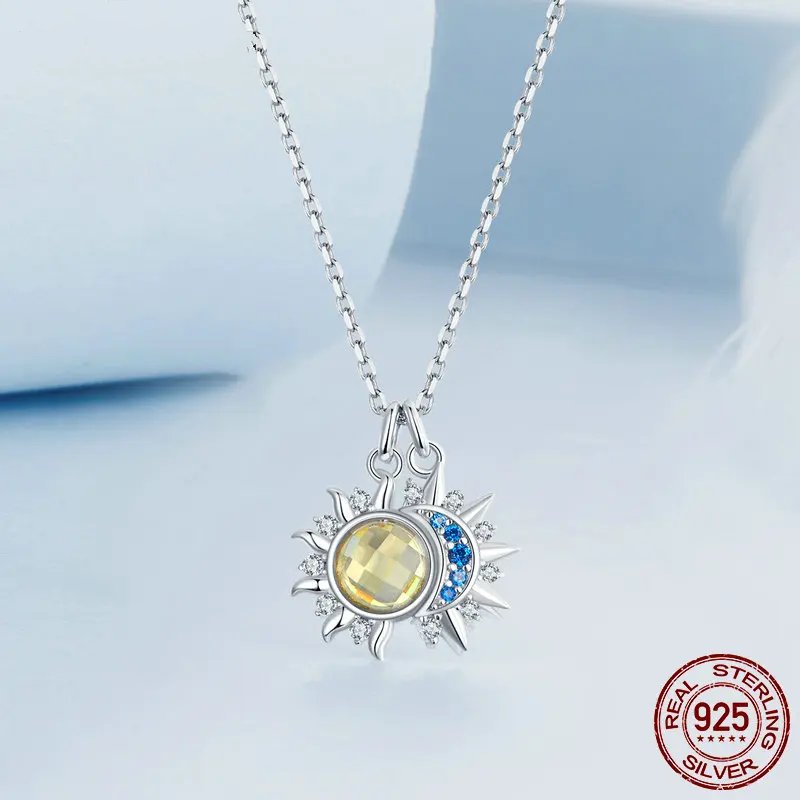 Pure 925 Sterling Silver Sun Moon Necklace