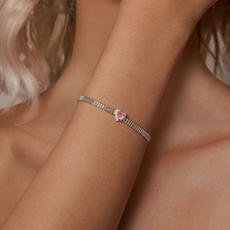 Iced Pink Heart Bracelet, Genuine 925 Sterling Silver.