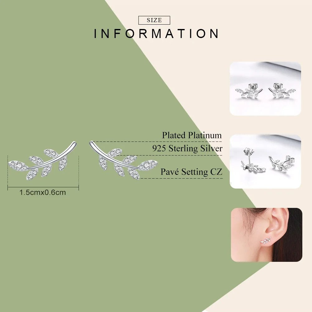 Clear Spring Leaf Earrings, Genuine 925 Sterling Silver.