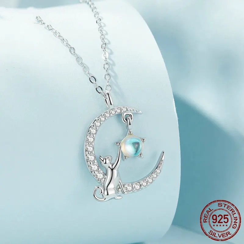 Pure 925 Sterling Silver Cute Cat and Rabbit Necklace.