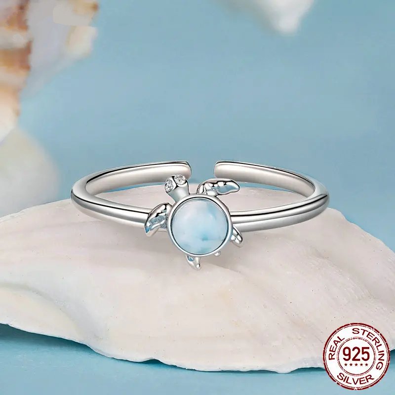 Natural Blue Larimar Gemstone Open Ring in 925 Sterling Silver.