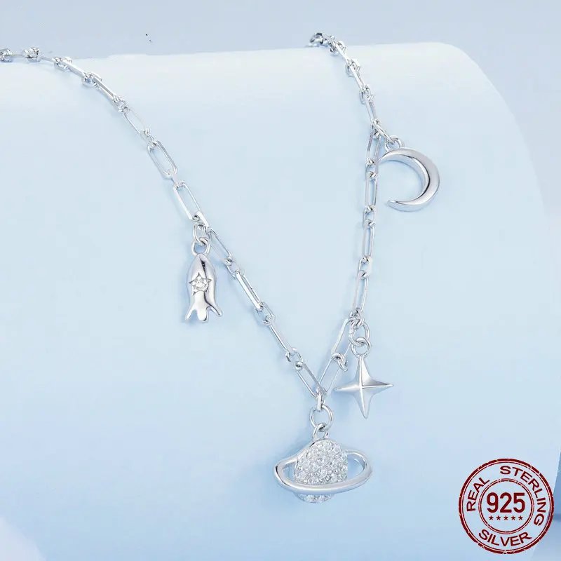 Pure 925 sterling silver starry sky pendant necklace.