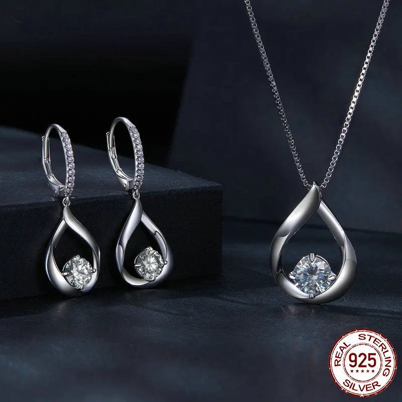 Luxury Lab Diamond Necklace and Earrings Set 925 Sterling Silver Pendants.