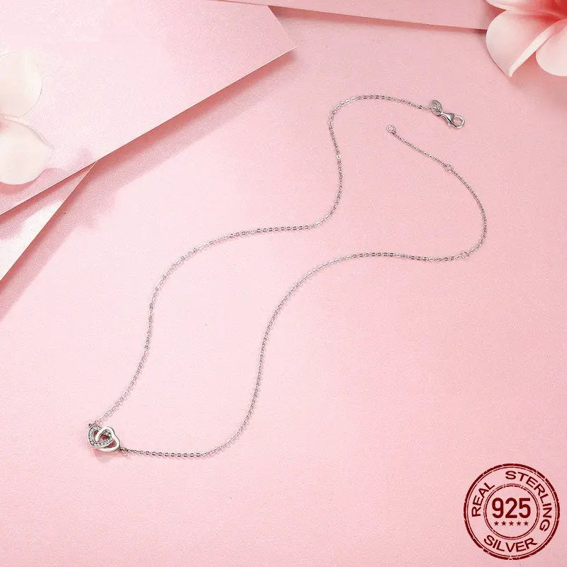 Two Hearts Connected Forever Necklace. Pure 925 Sterling Silver.