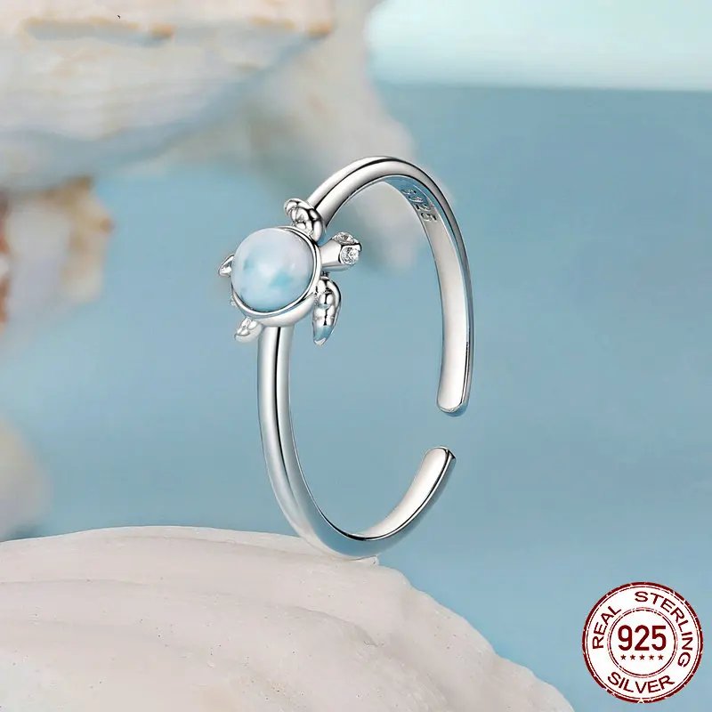 Natural Blue Larimar Gemstone Open Ring in 925 Sterling Silver.