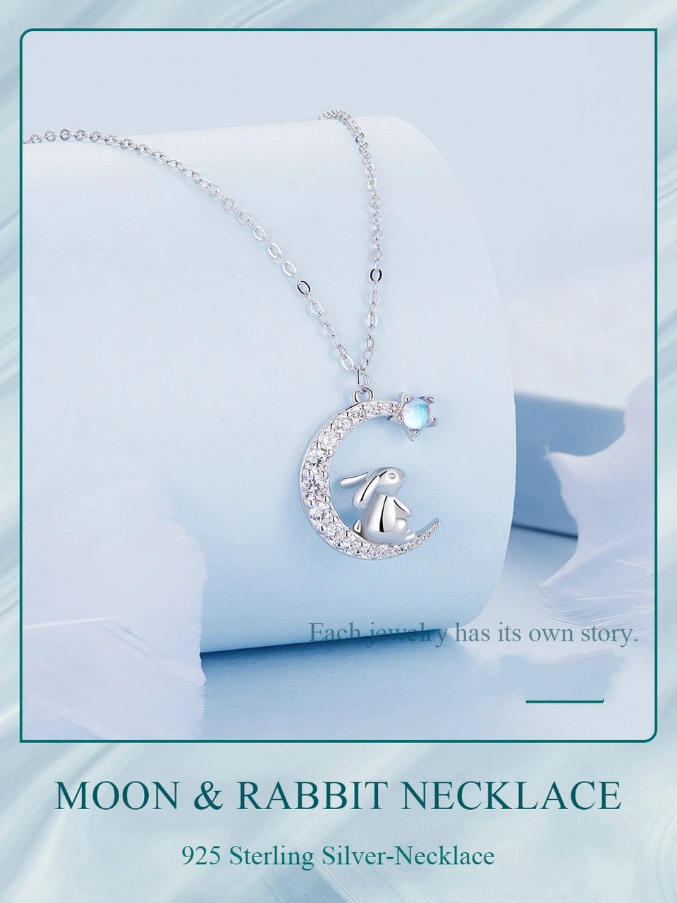 Genuine 925 Sterling Silver Rabbit and Moon Necklace.