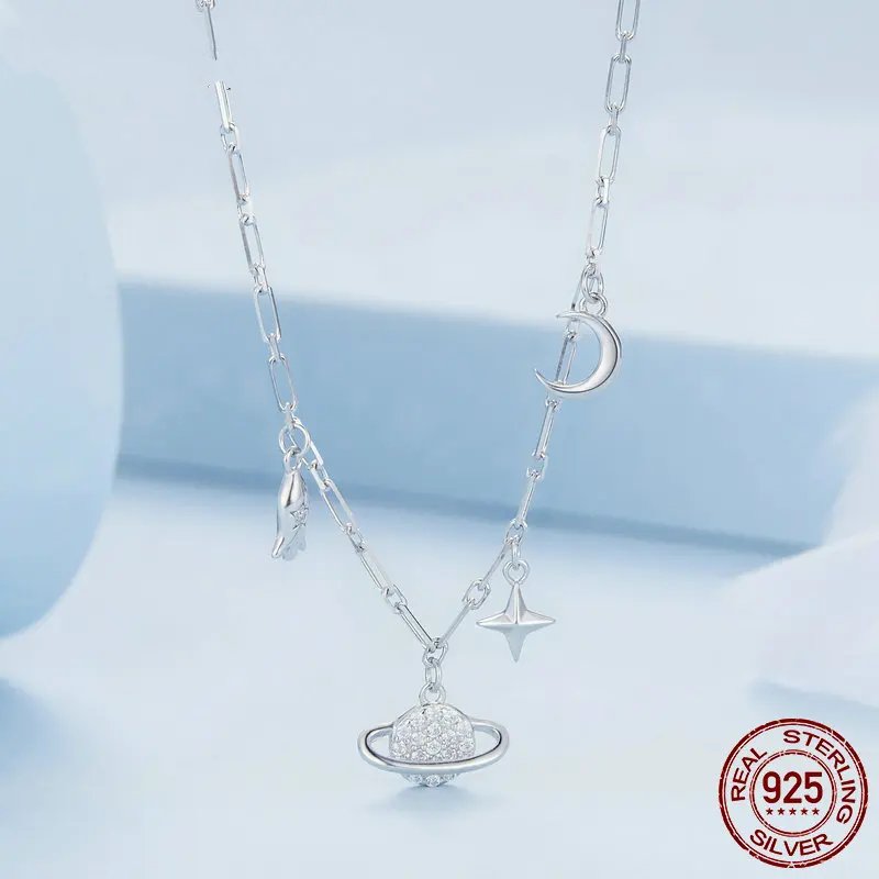 Pure 925 sterling silver starry sky pendant necklace.