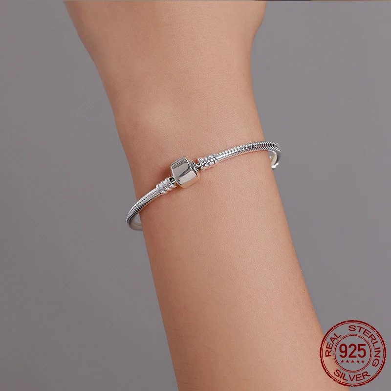 Authentic 100% 925 Sterling Silver Snake Chain Bracelet Luxury Jewelry.