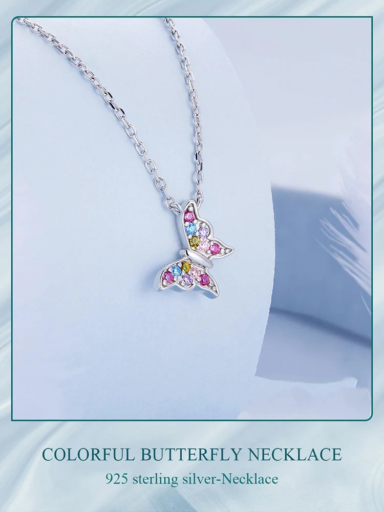 Pure 925 Sterling Silver Colorful Butterfly Necklace.