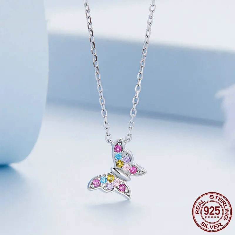 Pure 925 Sterling Silver Colorful Butterfly Necklace.