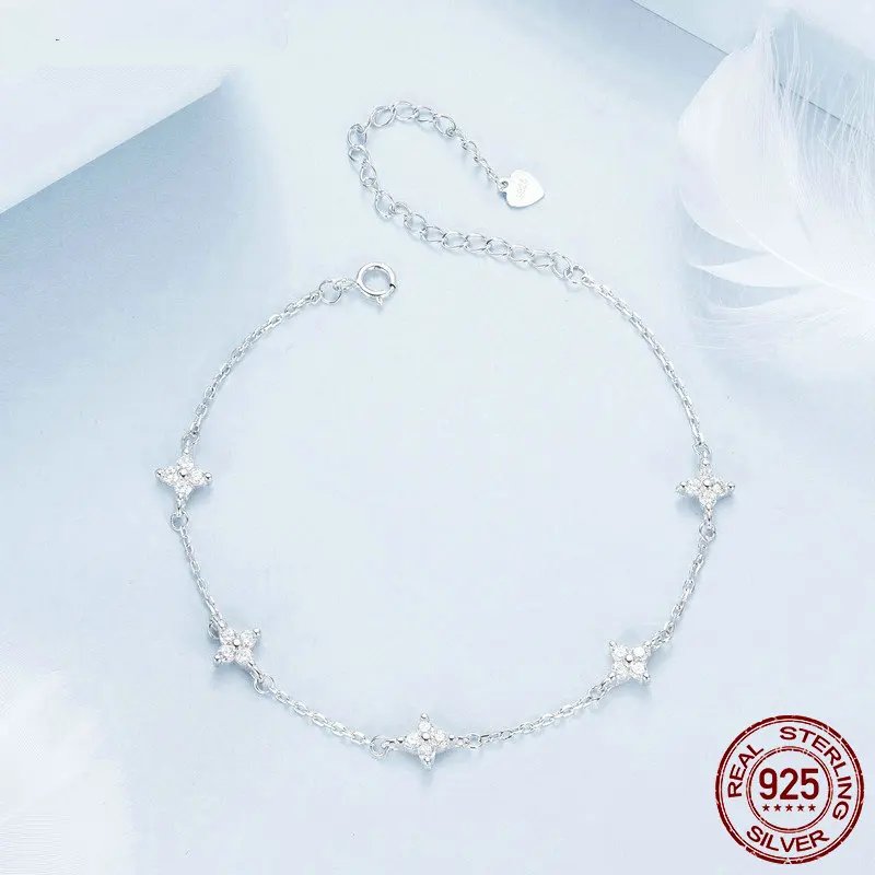 Pure 925 Sterling Silver Four Leaf Clover Anklet BST008.