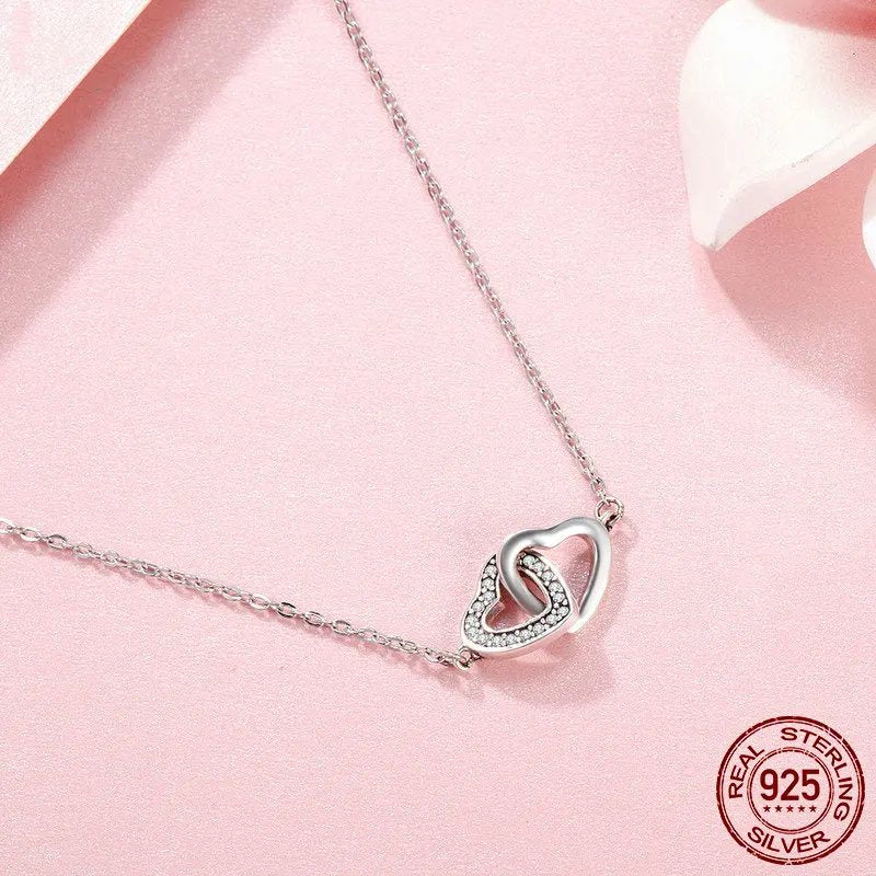 Two Hearts Connected Forever Necklace. Pure 925 Sterling Silver.