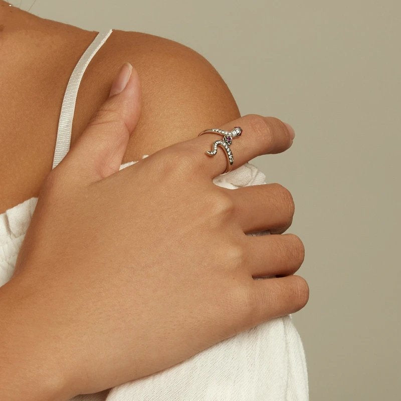 Genuine 925 Sterling Silver Snake and Rose Ring.