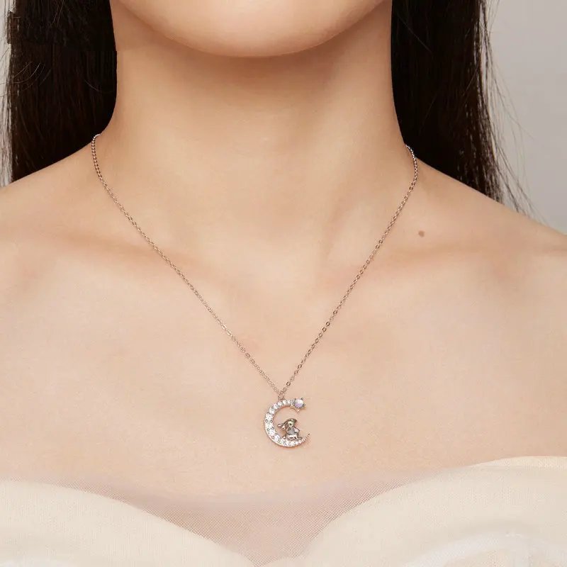 Genuine 925 Sterling Silver Rabbit and Moon Necklace.