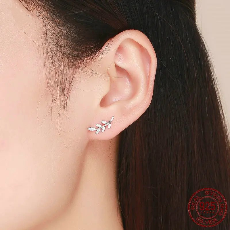 Clear Spring Leaf Earrings, Genuine 925 Sterling Silver.