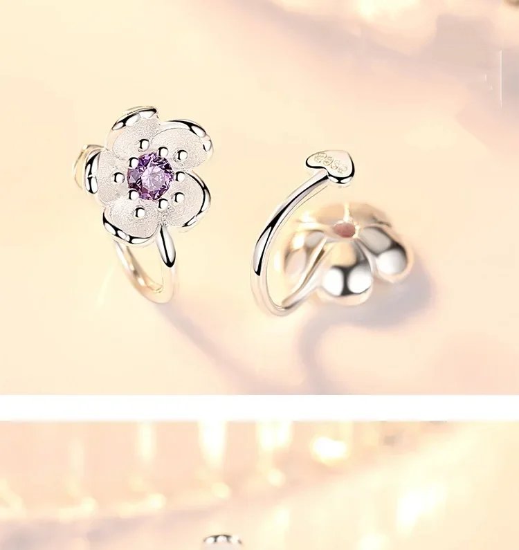 Korean style cherry blossom clip on earrings, pure 925 silver no hole ear clip.