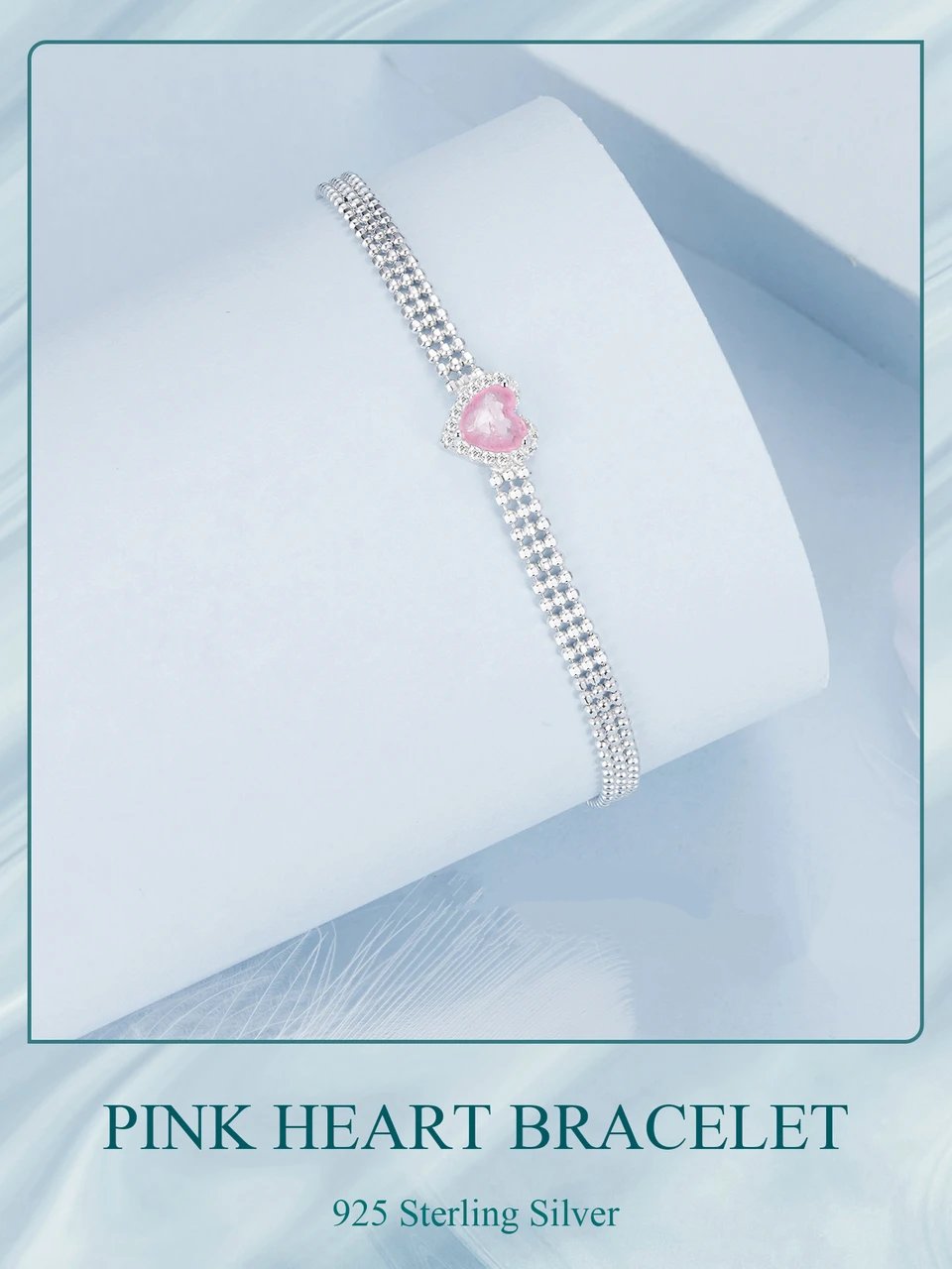 Iced Pink Heart Bracelet, Genuine 925 Sterling Silver.