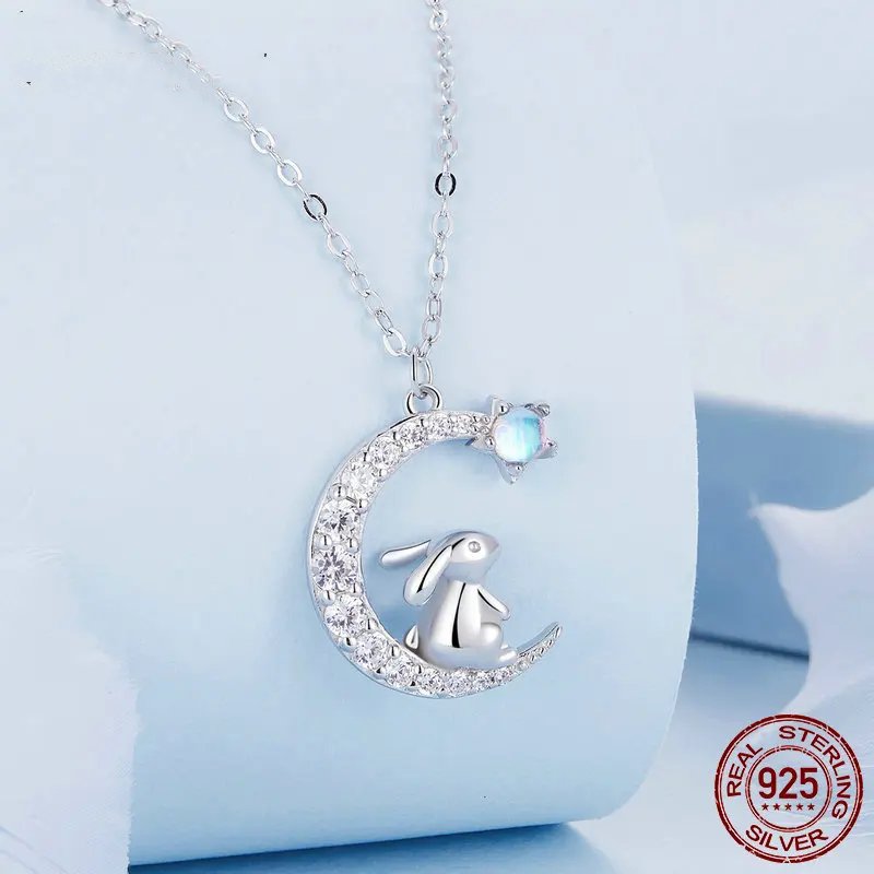 Genuine 925 Sterling Silver Rabbit and Moon Necklace.