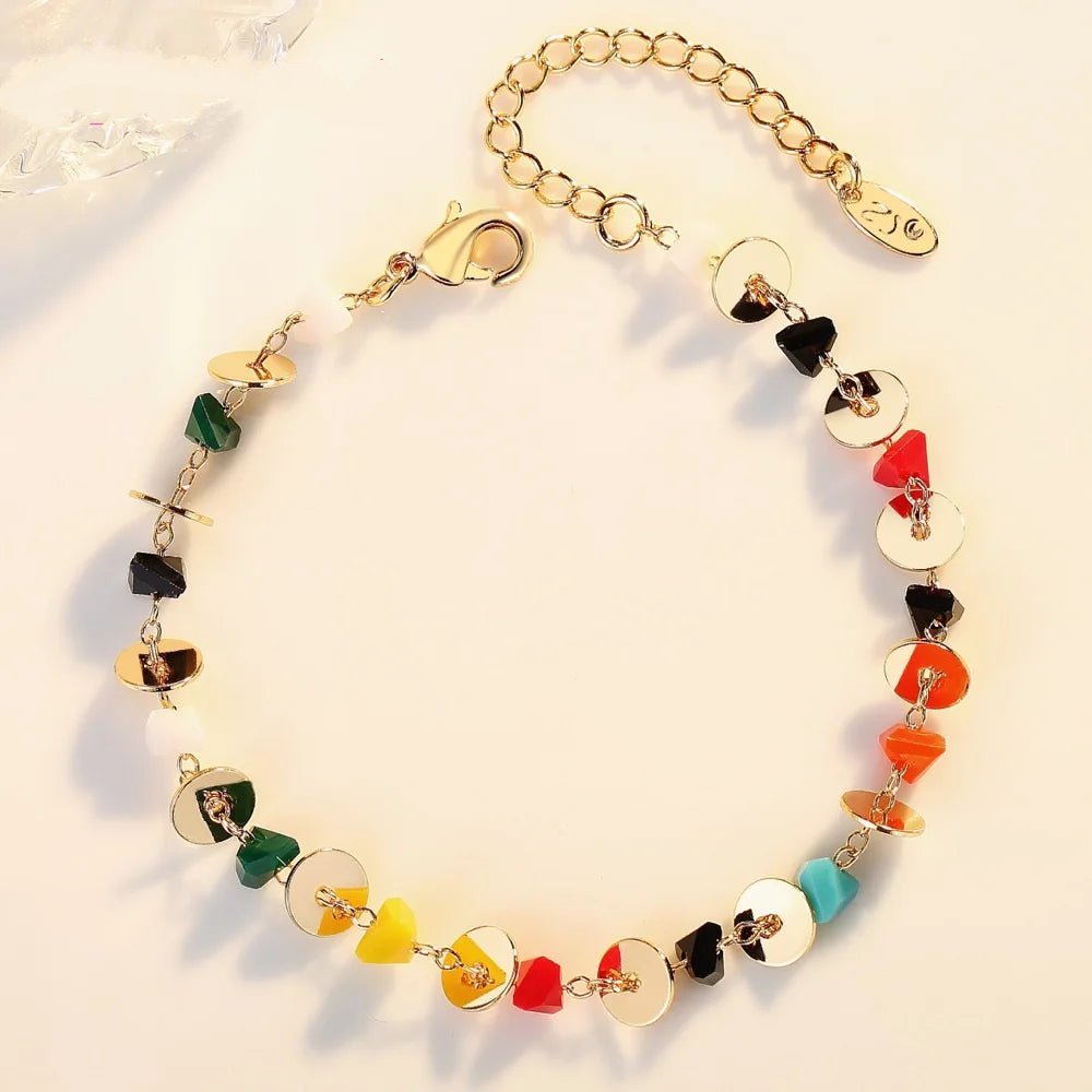 925 Sterling Silver Anklet, Handmade Rainbow Natural Stone Pendant.