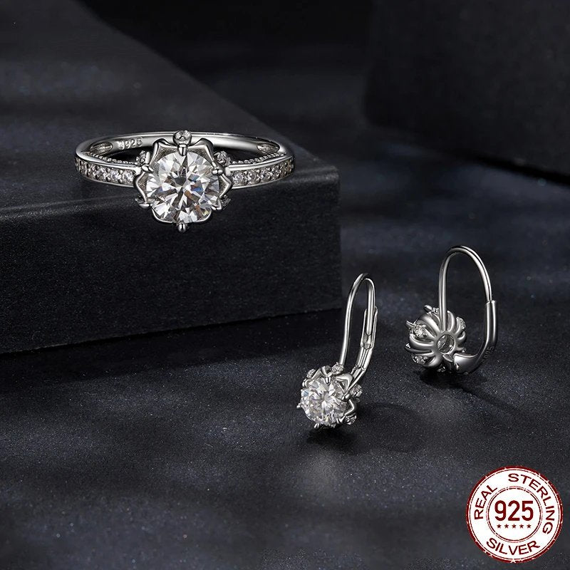 Diamond Flower Ring and Earrings. Genuine 925 Sterling Silver.