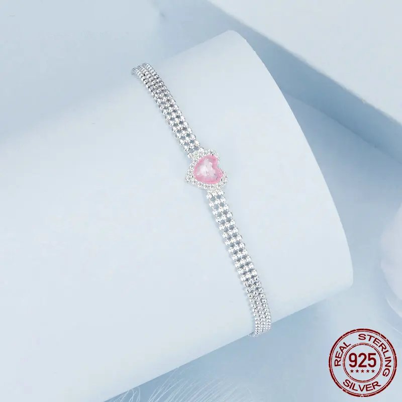 Iced Pink Heart Bracelet, Genuine 925 Sterling Silver.