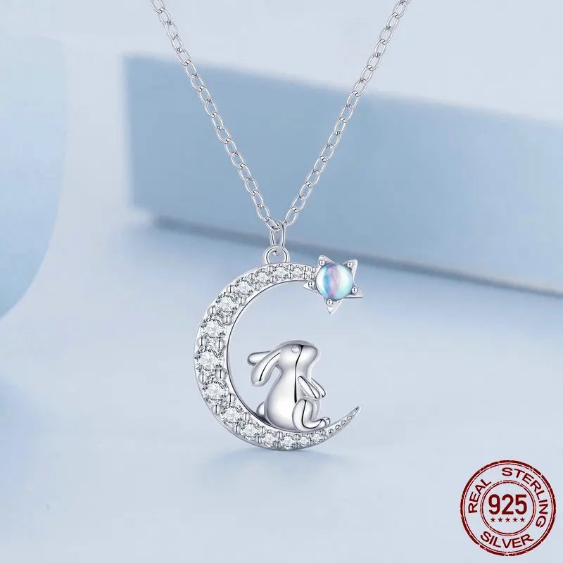 Genuine 925 Sterling Silver Rabbit and Moon Necklace.