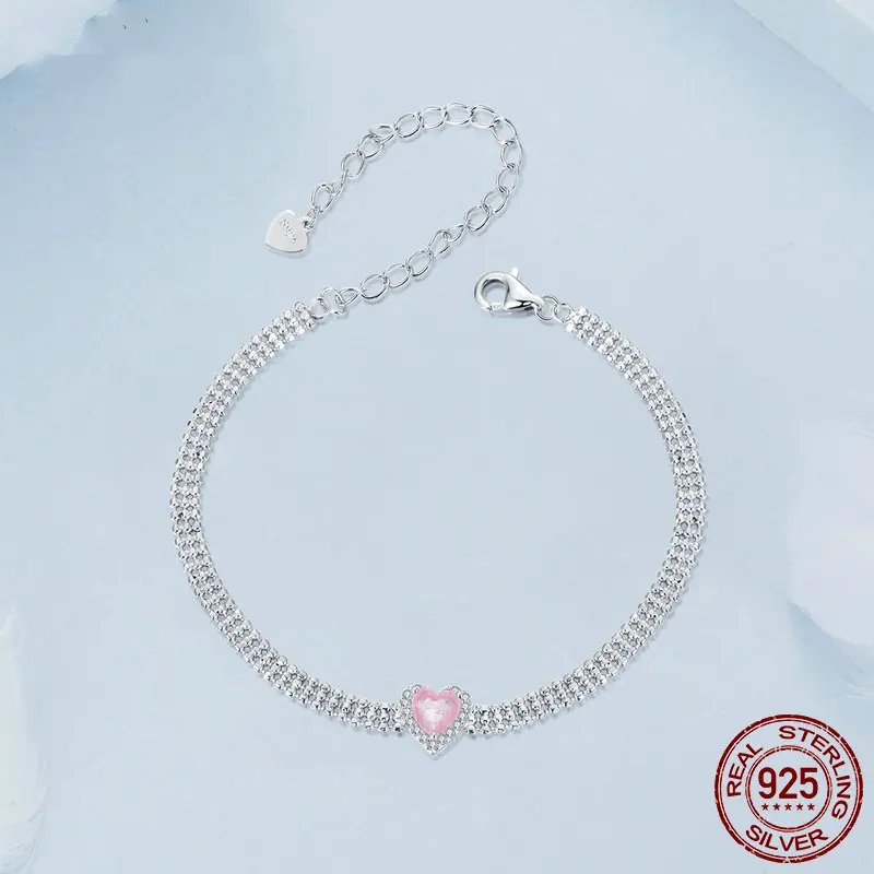 Iced Pink Heart Bracelet, Genuine 925 Sterling Silver.