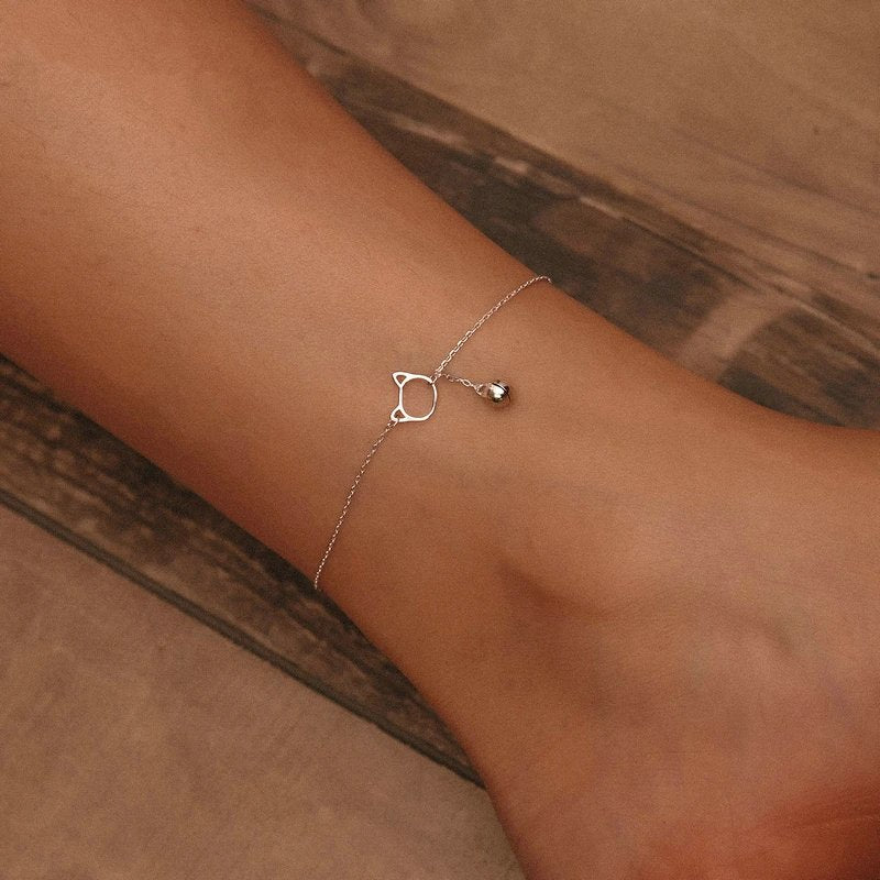 Genuine Solid 925 Sterling Silver Simple Bell and Cat Anklet Bracelet SCT003.