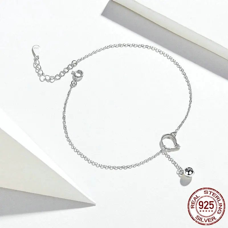 Genuine Solid 925 Sterling Silver Simple Bell and Cat Anklet Bracelet SCT003.