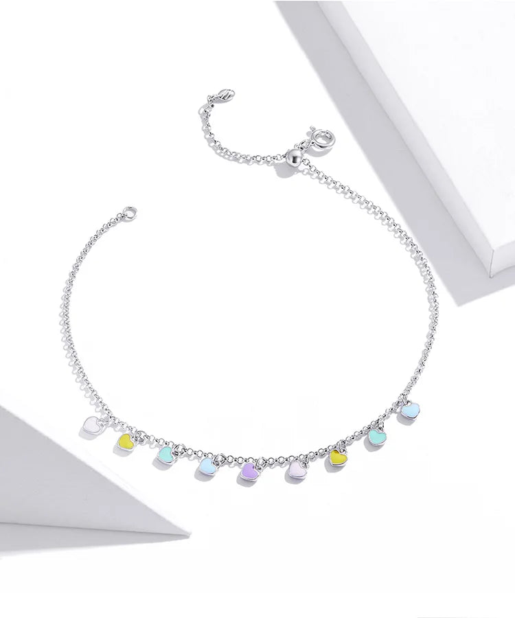 Genuine 925 sterling silver rainbow heart anklet.