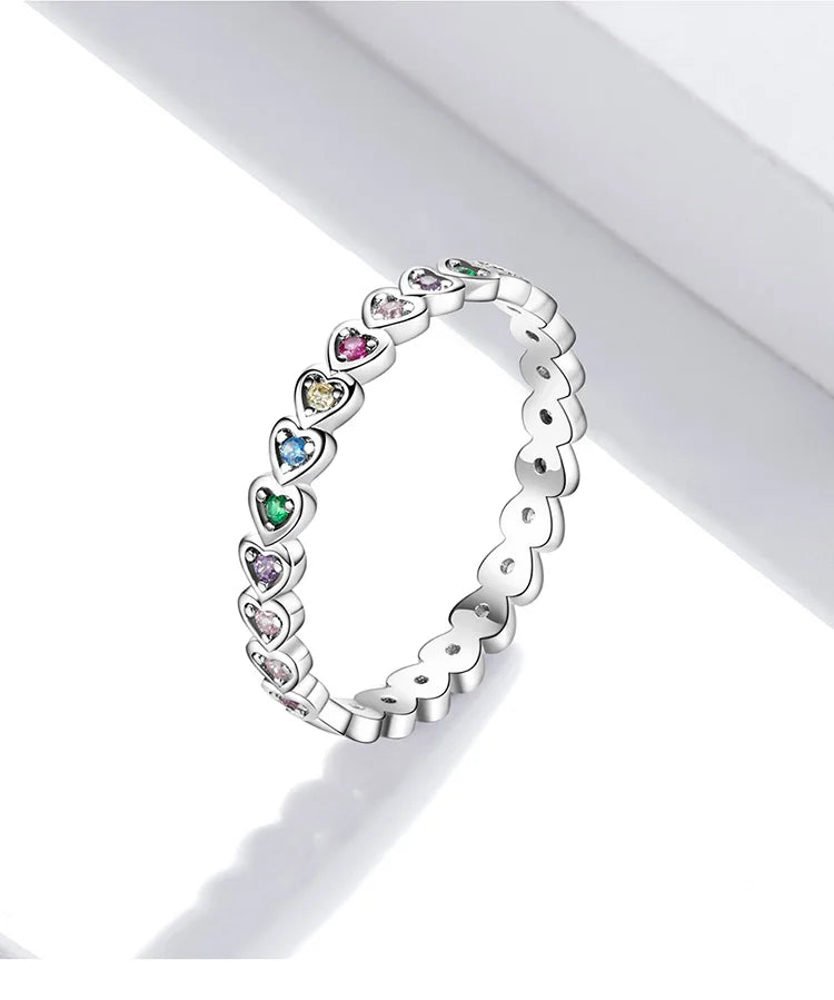 Genuine 925 sterling silver love ring, heart pattern, colorful stars.