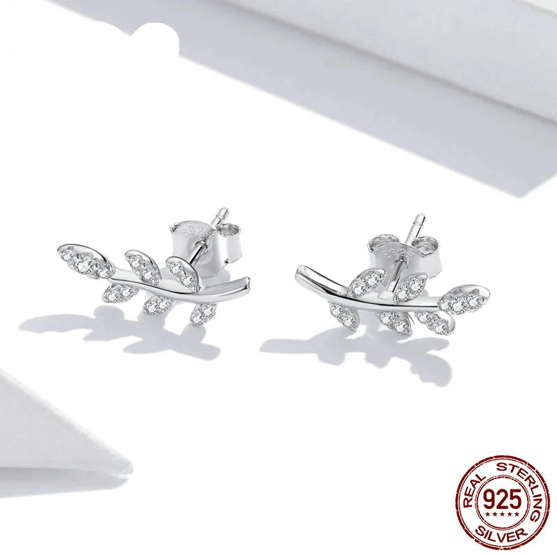 Clear Spring Leaf Earrings, Genuine 925 Sterling Silver.