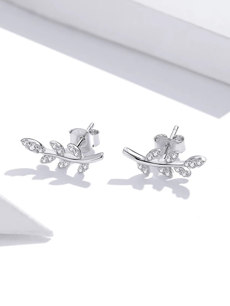 Clear Spring Leaf Earrings, Genuine 925 Sterling Silver.