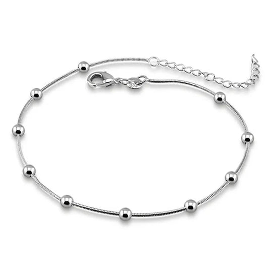 Genuine 925 sterling silver anklet with smooth surface beads.