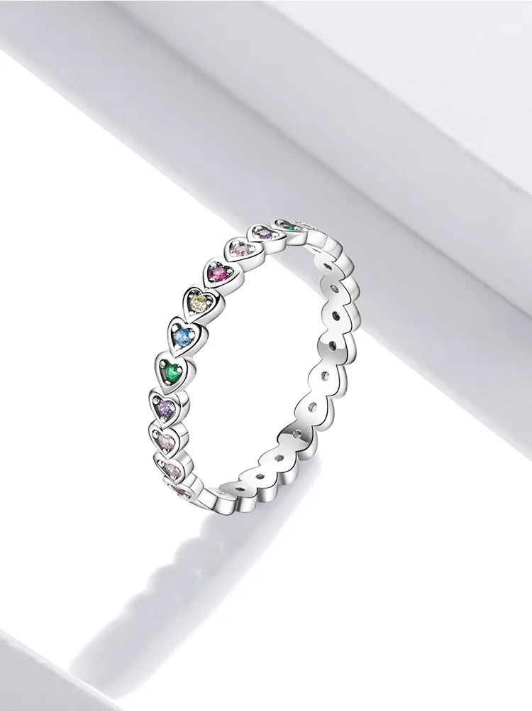 Genuine 925 sterling silver love ring, heart pattern, colorful stars.