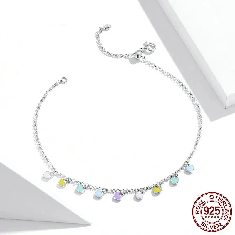 Genuine 925 sterling silver rainbow heart anklet.