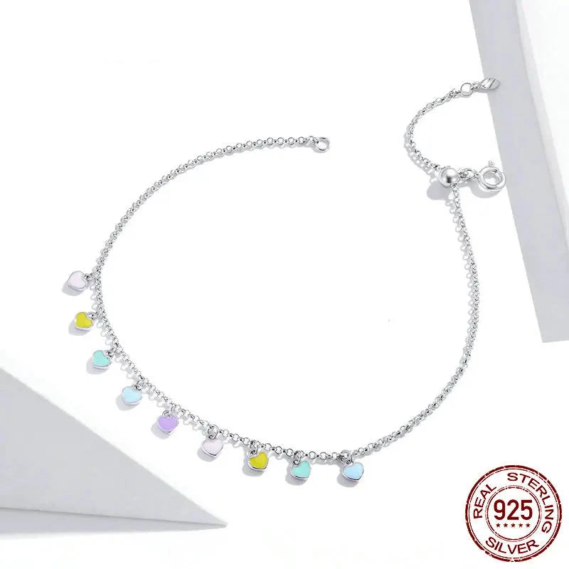 Genuine 925 sterling silver rainbow heart anklet.