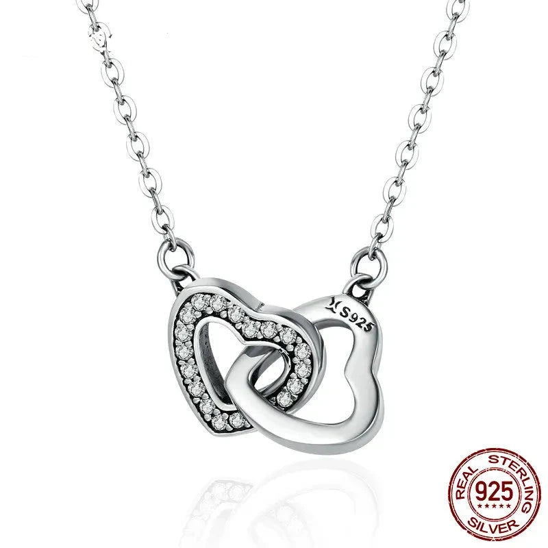 Two Hearts Connected Forever Necklace. Pure 925 Sterling Silver.