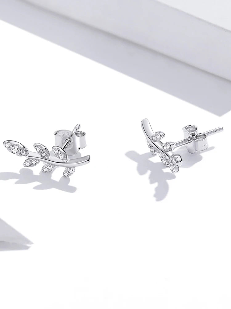 Clear Spring Leaf Earrings, Genuine 925 Sterling Silver.