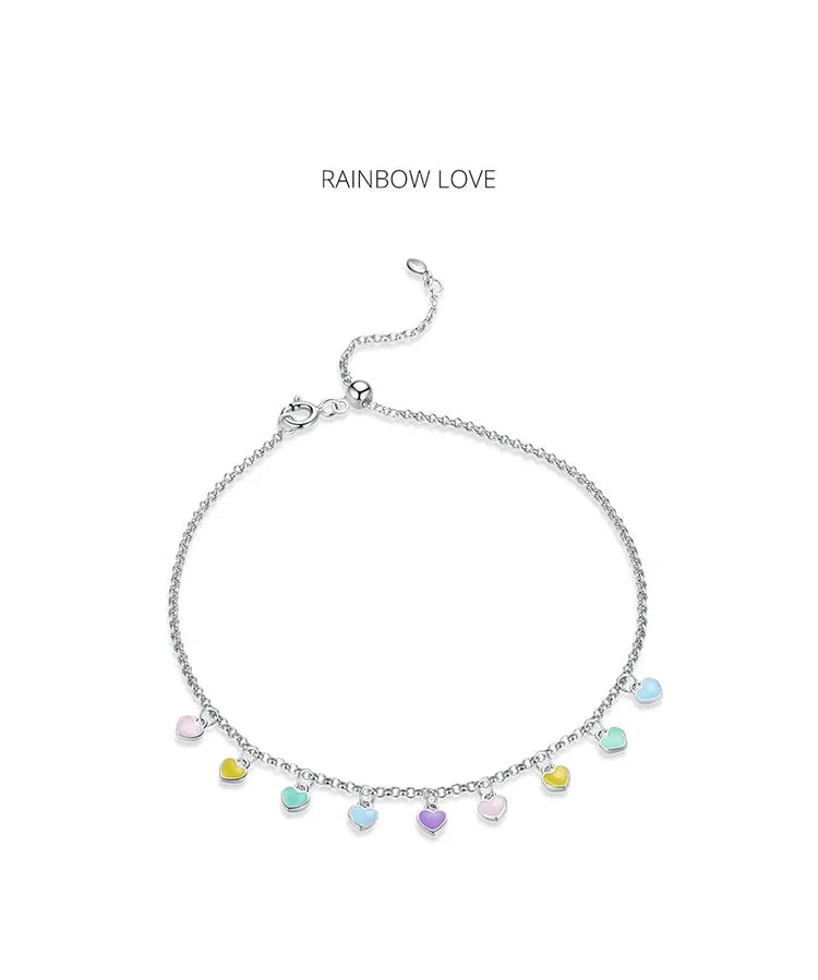 Genuine 925 sterling silver rainbow heart anklet.