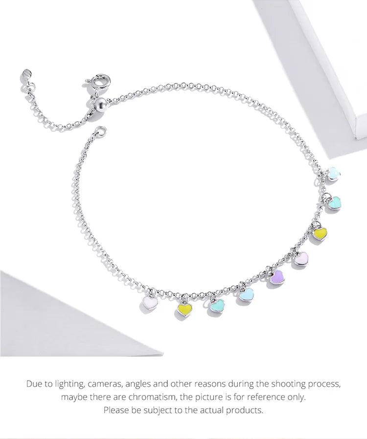 Genuine 925 sterling silver rainbow heart anklet.