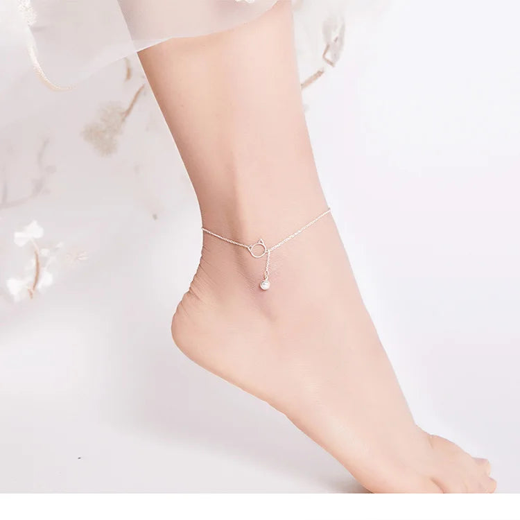 Genuine Solid 925 Sterling Silver Simple Bell and Cat Anklet Bracelet SCT003.