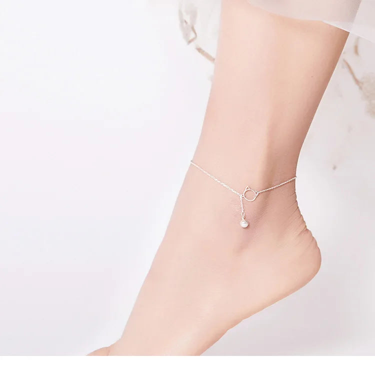 Genuine Solid 925 Sterling Silver Simple Bell and Cat Anklet Bracelet SCT003.