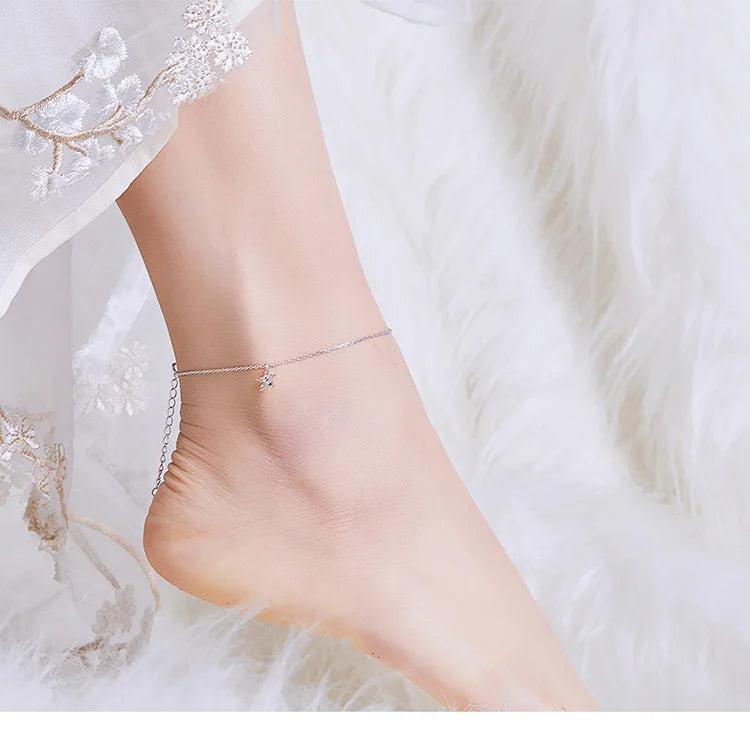 Genuine 925 Sterling Silver Anklet, Star Design, Luxury Jewelry, SCT009.