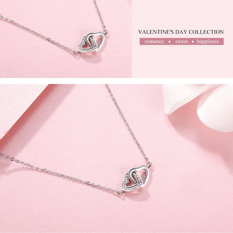 Two Hearts Connected Forever Necklace. Pure 925 Sterling Silver.